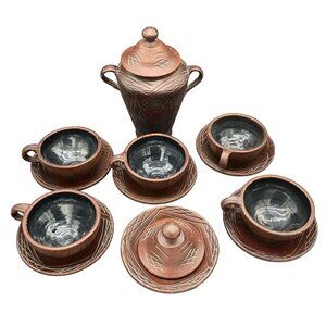 Vintage Yixing Zisha Style Urn Decanter Jar & Tea Cup & Saucer Set Ceramic